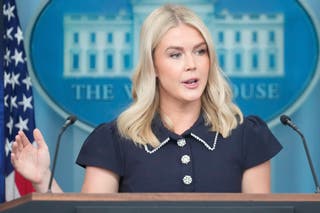 White House press secretary Karoline Leavitt speaks with reporters in the James Brady Press Briefing Room at the White House